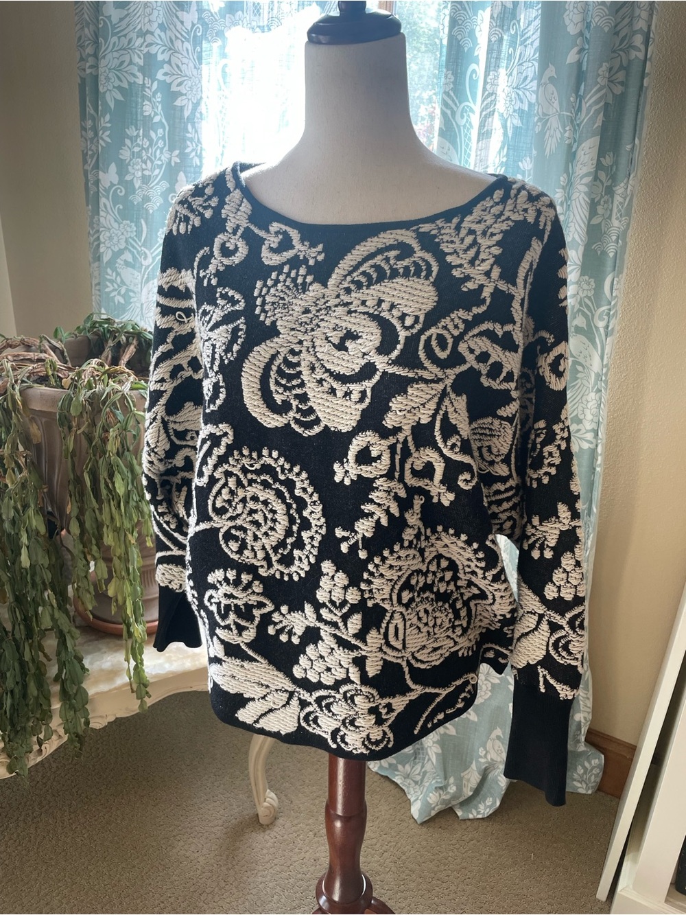 Sundance black and white boho embroidered cotton blend dolman sweater